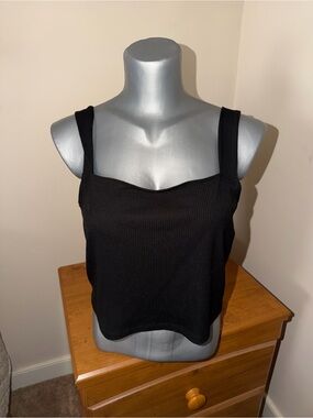 American Eagle Black Ribbed Square-Neck Tank Top XL